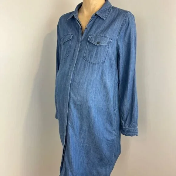 Motherhood Maternity Small Blue Denim Button Down Knee Length Dress Pregnancy - Picture 6 of 15